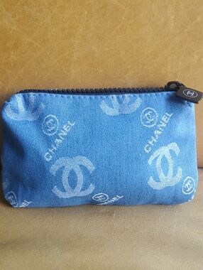 CHANEL Denim Jean Blue Logo Cosmetic Bag Clutch Pouch